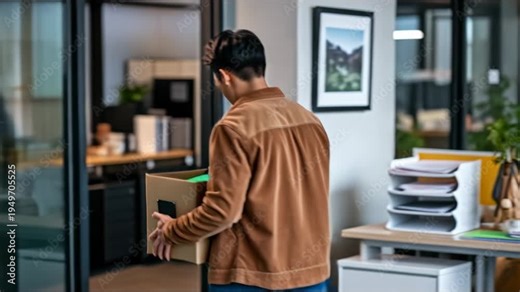 Sad asian man carrying a cardboard box with his personal belongings after being fired from his job