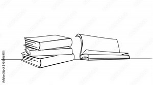 animated continuous single line drawing of open book next to stack of books, line art animation