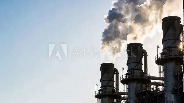 Crude oil price refinery smoke stack emission pollution industrial plant environmental impact concern for skyline with