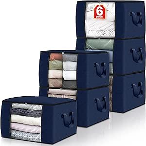 Fab totes Storage Bags,Clothes Blanket Storage Bins Foldable Closet Organizers with Reinforced Handle for Home Dorm Storage and Organization,Fabric Bags for Organizing Sheets,Clothing (Blue,6 Pack)