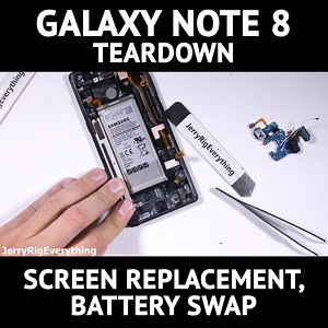 Lets teardown the Galaxy Note 8. This is the same phone that I did my durability test on, as well as turned the back glass clear. (Thats why the glass is clear at the end of the video). And now its time to see how hard it is to replace the screen on the Galaxy Note 8, as well as swap out the Note 8 battery in a few years when it starts to die. | Jerry Rig Everything