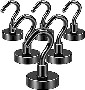 DIYMAG Black Magnetic Hooks, 50 LB Heavy Duty Magnet with Hook, 6 Packs Strong Rare Earth Neodymium Magnets for Hanging, Magnetics Hanger for Curtain, Home, Kitchen, Workplace