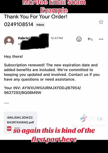 This is the latest scam email for McAfee that is deaigned to trick you into calling them and stealing your money. #mcafee #emailscam #phishing #fraud #cybertheft #cybernews #scammeralert