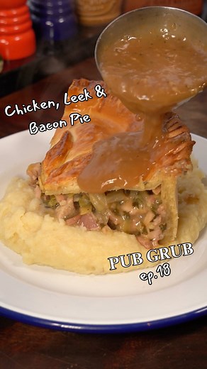 Chicken, Leek & Bacon Pie - Pub Grub, Episode 18 In this series, I’ll be showing you how to cook Delicious British Pub Food! Recipe for Chicken, Leek and Bacon Pie with Mash and Gravy (Serves 4): Ingredients: Pie: 2 tbsp olive oil 600g chicken thighs, diced - @macburnhamfamilybutchers 150g smoked streaky bacon, chopped 1 white onion, finely chopped 2 garlic cloves, minced 2 large leeks, sliced 2 tbsp fresh parsley, chopped 1 tbsp fresh tarragon, chopped 1 tbsp Dijon mustard 50g butter 2 tbsp flo