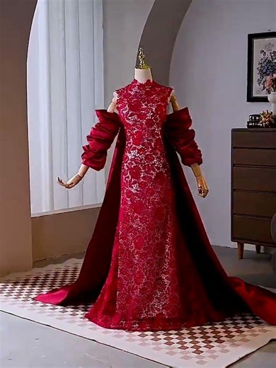 Stunning Red Lace Evening Gown with Luxurious Satin Train ❤️