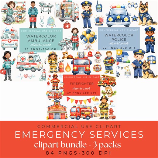 Emergency Services Clipart Bundle - SAVE 50%, Fire Truck PNG, Police Car Clipart, Ambulance PNG, Community Helpers, Kids Emergency Vehicles - Etsy