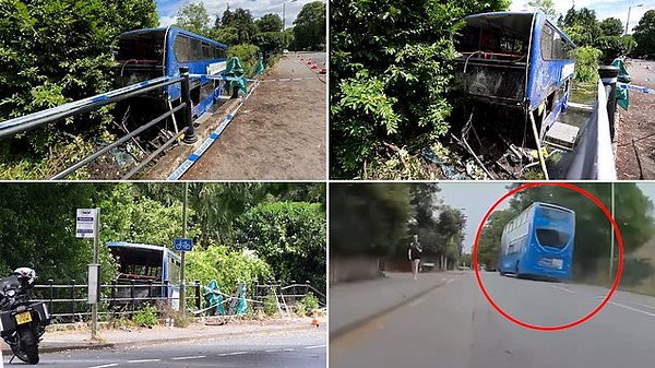 Shocking moment school bus crashes into a river after 'brakes fail'