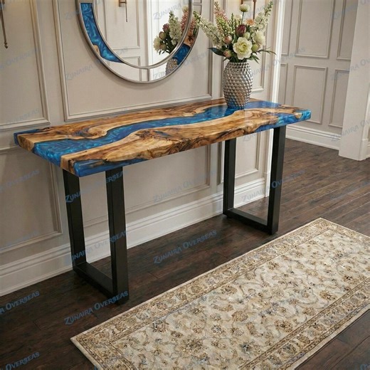 Epoxy Resin River Console Table Blue Metallic – Solid Wood Entryway Table – Modern Hallway Furniture - Etsy Canada