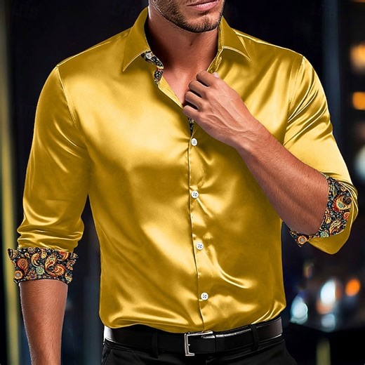 Men's Shirt Satin Shirt Dress Shirt Casual Shirt Button Up Shirt Plain Formal Wedding White Red Blue Gold Long Sleeve Lapel All Seasons Clothing Apparel Buttons 2025