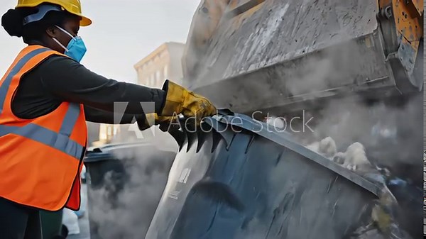 Female sanitation worker in safety gear emptying a trash bin full of garbage bags into a garbage truck on a city street