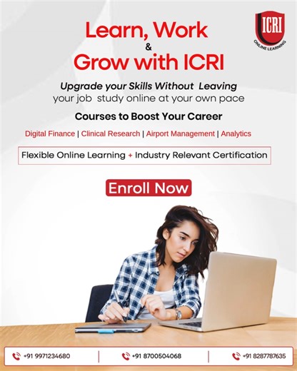 ICRI ONLINE LEARNING on Instagram: "Learn, Work & Grow with ICRI! Don’t put your career on hold — upgrade your skills while continuing your job. 💻 Explore flexible online courses designed for working professionals. Courses include Digital Finance, Clinical Research, Airport Management & Analytics. 🎯 Gain industry-relevant knowledge, hands-on experience, and recognized certifications. ✨ Study at your own pace and unlock new opportunities in your career. 🚀 Enroll today and take your career to n