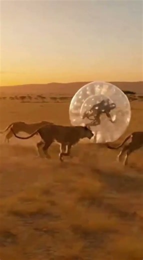 Trapped in a Bubble! Lions vs. Human in a Zorb Ball – Survival or Mistake? 🦁🔥#Survival#Nature#Shorts