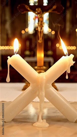 Christian Feast of Saint Blaise church altar with crossed candles in empty sanctuary
