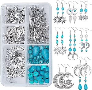 SUNNYCLUE 1 Box DIY 8 Pairs Star Moon Sun Dangle Earrings Making Kit Turquoise Beads Jewelry Making Accessories Supplies Bohemian Style Charms DIY Making Kits for Beginner Adults Silver Instruction