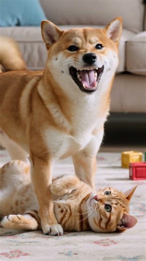 😂 Shiba Inu Pins Down Cat & Laughs So Hard! Hilarious Moment 🐶🐱