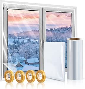 Window Insulation Kit, 63 × 394 Inch and 87 x 110 inch Plastic Window Covering for Winter, Window Insulation Film Window Wrap Insulation Windows Winterizing Kit with Double-Sided Tape