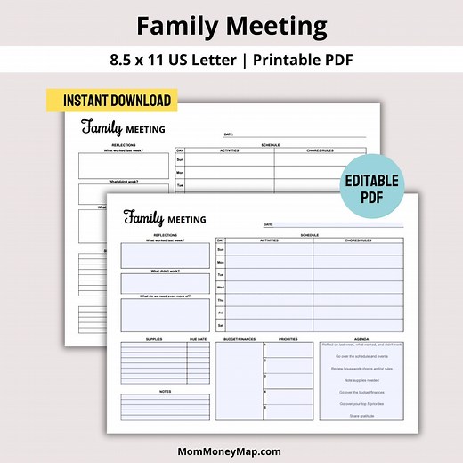 Family Meeting Agenda Printable PDF, Family Meeting Template, Home Planner Printable, Weekly Family Meeting,family Goals Worksheet Printable - Etsy