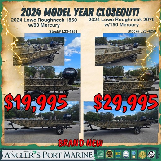 🚨 Major Price Drop Alert at Angler’s Port Marine! 🚨 We’ve just slashed prices on two of our 2024 Lowe Roughneck models — and these deals won’t last long. 2024 Lowe Roughneck RX 2070 MSRP: $43,936 💥 Now only $29,995! Built for serious performance and rugged reliability, this RX 2070 comes rigged with a powerful 150 Mercury and everything you need for hunting, fishing, or all-around outdoor action. 👉 View full details: https://anglersportmarine.com/boats/2024-lowe-roughneck-rx2070-w-150-mercur