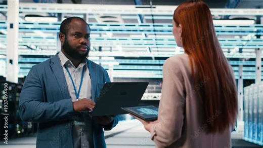 Data center team of technicians uses AI deep learning on devices to optimize performance. Software developers brainstorm how to integrate neural network automation in data center operations, camera B