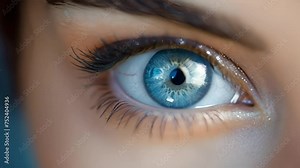 perfect blue eye macro in a sterile environment and perfect vision in resolution 4k video, concept, the vision of the future and healthy life concept. Beautiful eye with sparks. Close up