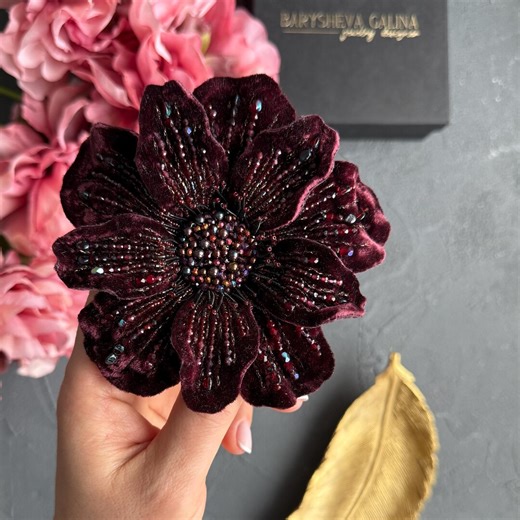 Burgundy Beaded Floral Brooch, Handmade Embroidered Flower Pin, Realistic Womens Brooch, Valentine Gift for Her - Etsy