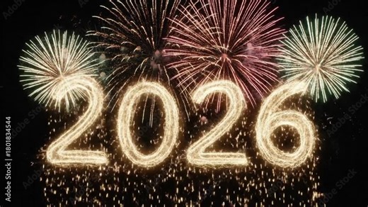 Golden sparkling numbers form 2026 with vibrant fireworks exploding in the dark night sky