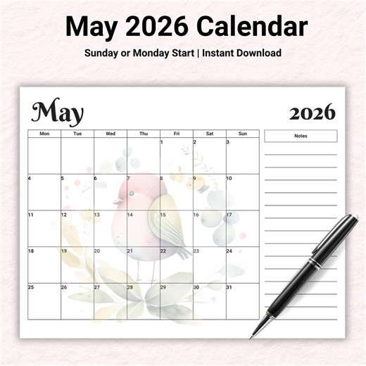 May 2026 Calendar, Printable Monthly Planner, Sunday or Monday Start - Etsy