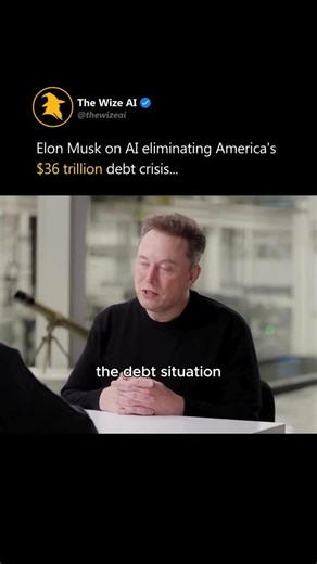 Artificial Intelligence l Business on Instagram: "Follow @thewizeai to stay ahead w/ AI 🤖 Elon Musk just revealed the ONLY solution to America’s $36 trillion debt crisis - and it’s not what politicians are saying 💰 The world’s richest man isn’t sugarcoating it. While Congress debates spending cuts, Elon sees a completely different path forward. His solution? AI and robotics creating massive deflation. Here’s his logic: • Inflation = ratio of goods/services to money supply • AI + robotics = dra