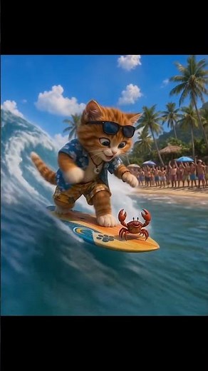 Surfing Cat Saves a Tiny Crab! 🏄🐱🌊 Epic Beach Adventure