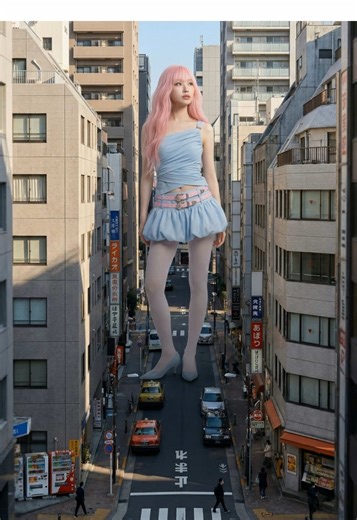 photo shoot in the city? yes🩵 giant model posing in the streets of Tokyo, created with Nano Banana Pro and Kling3.0 on Higgsfield.