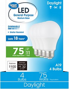 Great Value 18YR A19 LED Light Bulb, 11W (75W Equivalent) Dimmable Daylight E26 Medium Base, 4 Pack