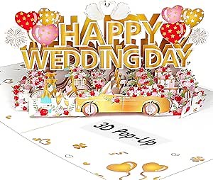Wedding Card, 3D Pop Up Wedding Cards for Bride and Groom, Funny Wedding Gift Card with Envelope and Message Card, WhiteGold
