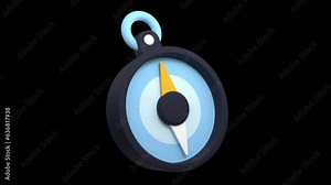 3D animation of navigational compass. Compass 3d render icon. Navigation compass icon. Seamless and looped animation. Transparent background with alpha channel