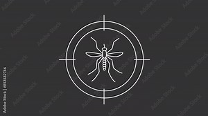 Animated mosquito white icon. Flying bug line animation. Cross hair focus. Moving insect. House parasite, bloodsucker. Isolated illustration on dark background. Transition alpha video. Motion graphic