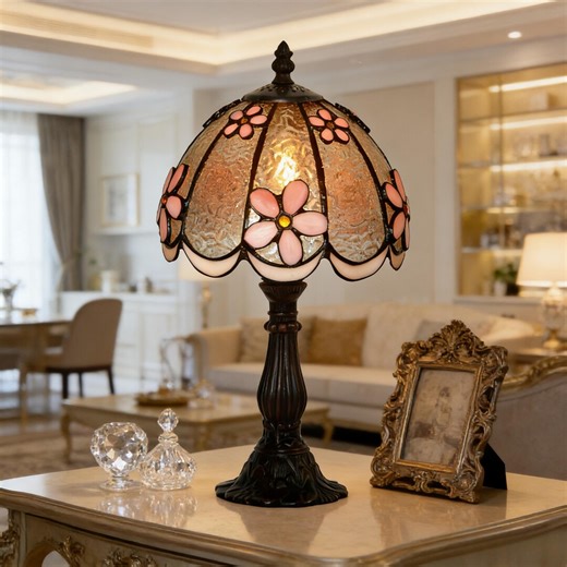 Vintage Tiffany stained glass table lamp pink glass, suitable for bedrooms and living rooms Various styles available exquisitely handcrafted