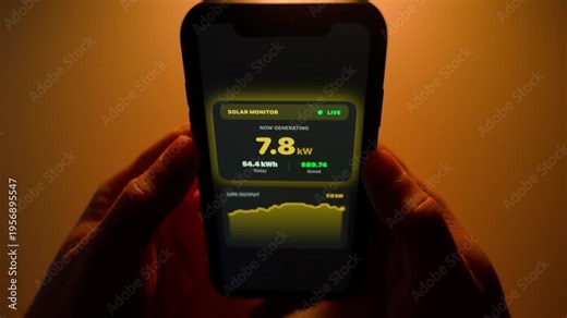 Person holding smartphone with open solar panel monitoring app in dark room
