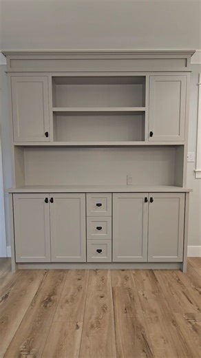 Claire | Creatively.Clarified | DIY on Instagram: "It’s the before & after for me. A couple months ago this was two stock kitchen cabinets with a temporary, makeshift countertop. Now it’s functional storage and a statement piece in my dining room! 🤍 There’s still more painting to come in this room, plus a few finishing details to tie the whole room together but it will have to wait until after the holidays. In the meantime I have a new hutch to style! Stay tuned for the final reveal of this who