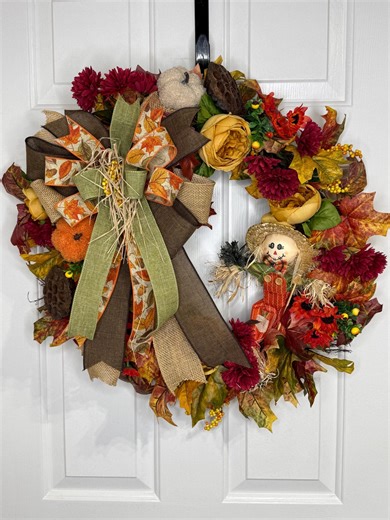 Fall Scarecrow Wreath for Front Door, Autumn Wreath, Fall Leaves, Pumpkin, Mum Wreath, Autumn Leaves Wreath, Scarecrow Wreath for Fall - Etsy