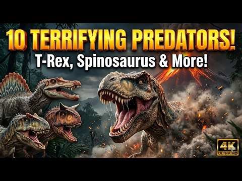 10 Terrifying Predatory Dinosaurs: T-Rex, Spinosaurus & More! | Real Sounds & Facts (4K)
