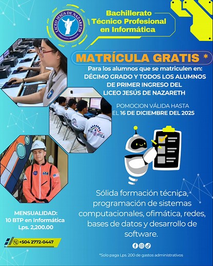 🎓💻 ¡Conviértete en un experto en tecnología! Para el año 2026 te ofrecemos la carrera de Bachillerato Técnico Profesional en Informática, con una sólida preparación técnica en el uso, mantenimiento y programación de sistemas computacionales. 👨‍💻👩‍💻 Nuestro amplio plan de estudio permite que los jóvenes desarrollen habilidades en ofimática, redes, bases de datos y desarrollo de software, combinando el pensamiento lógico con la capacidad de análisis y resolución de problemas tecnológicos. 🚀