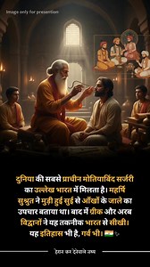 The world’s earliest documented cataract surgery traces back to ancient India. Sage Sushruta described removing eye cataracts using a curved needle. Later, Greek and Arab scholars learned and adopted this technique from India. This is history, science, and a matter of pride. 🇮🇳✨ #AncientIndia #Sushruta #MedicalHistory #IndianPride #Surgery #WorldHistory #harankardenewaletathya | हैरान कर देने वाले तथ्य