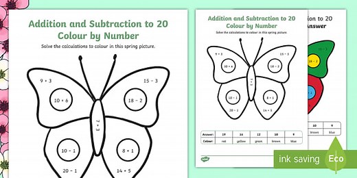 Butterfly Addition and Subtraction to 20 Colour by Calculation Worksheet
