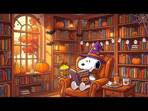 ( NO ADS ) Witch Snoopy's Cozy Halloween Library 🎃📚 Soothing Jazz Music & Relaxing Halloween Tunes