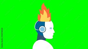 A fire in a robot's head. Artificial brain glitch and exploded. Cyborg with AI failures are overloaded and broken down. AI does not cope with tasks. Future. 2d flat animation. Alpha channel