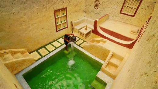 Building an amazing underground house with pool | Primitive skills & earth furniture