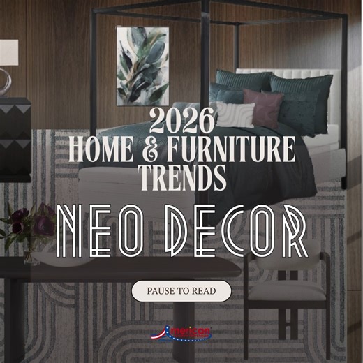 What is Neo Decor in interior design? Neo Decor is art deco with a moody twist and modern aesthetic. With a heavy emphasis on metals and jewel tones, this trend adds drama to any room in your home. It's easy to transition a modern space into Neo Deco by adding a few Gatsby-inspired details, like velvet throws or dramatic vignettes. Stay tuned for more of our designer insights on the home and furniture design trends of 2026! 🐯 | American Furniture Warehouse