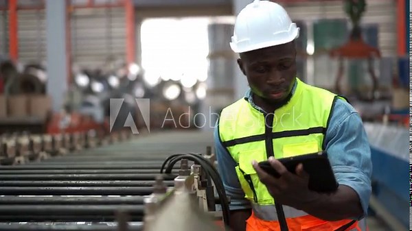 black male American African ethnicity factory engineer walking around and inspecting the production line.