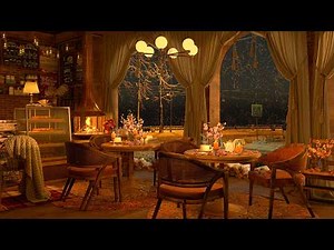 4K Rainy Spring Jazz at Coffee Shop | Cozy Fireplace & Background Jazz Music for Work and Relax