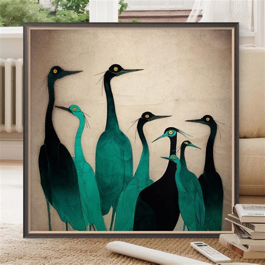 Abstract Birds Wall Art – Mid Century Modern Decor - Vintage-style Bird Wall Art – Teal Modern Folk Oil Painting - Sold UNFRAMED #997 - Etsy