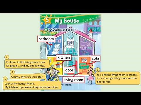 Kid's Box Starter - Unit 5 - My House - 1 - Listen and point. With comic dialogue box.